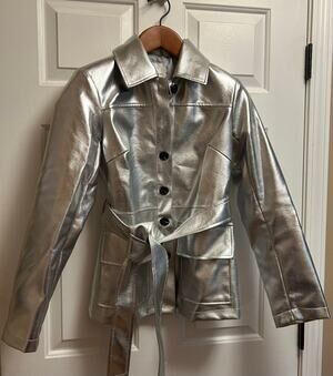 Avec Les Filles Metallic Silver Faux Leather Belted Moto Trench Jacket, Size S